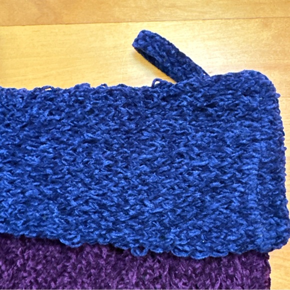 Set Of 2 Purple Cable Knit Christmas Stockings Lined w/Blue Cuff - Picture 4 of 10